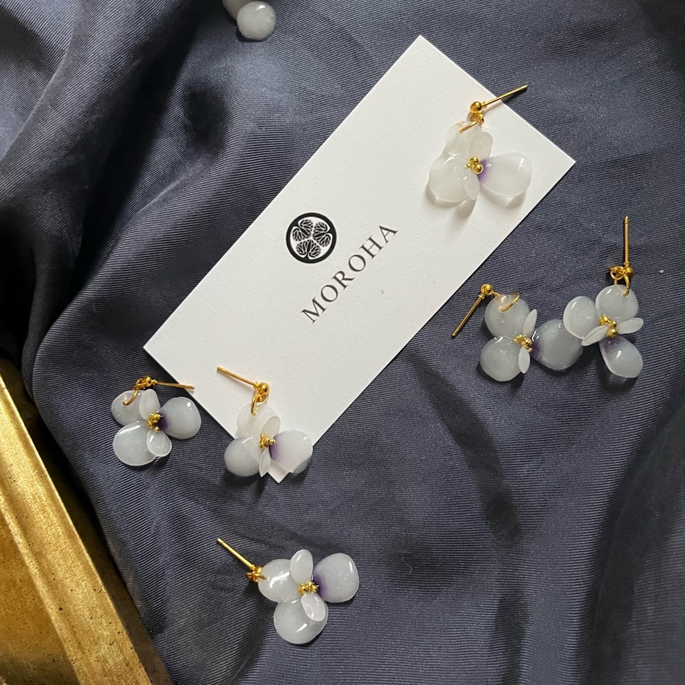 White purple pansy viola flower earrings